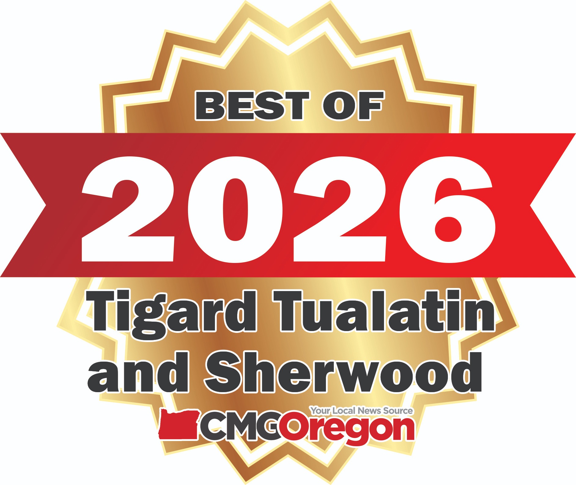 Best of 2026 award logo for Tigard, Tualatin and Sherwood. Gold starburst with red banner and white text.
